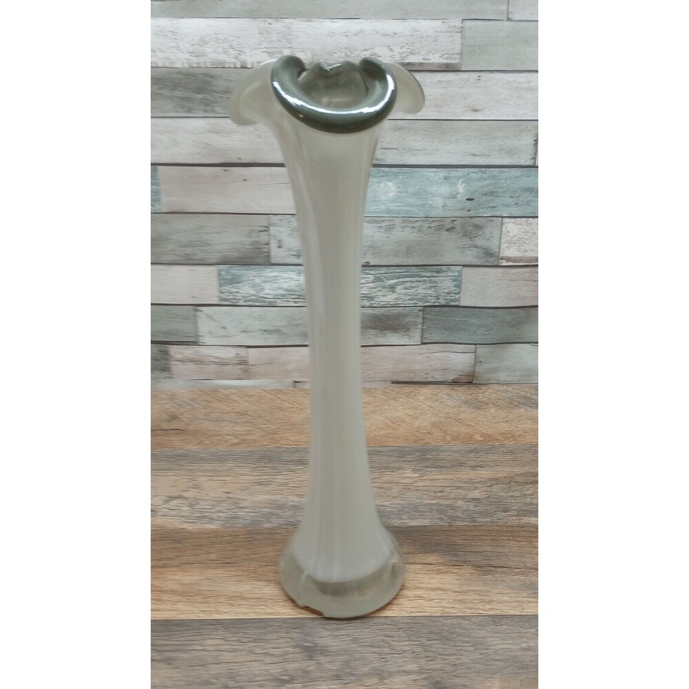 Vintage Art Glass Tulip Vase Gray/White Glossy with White Case 12" Tall